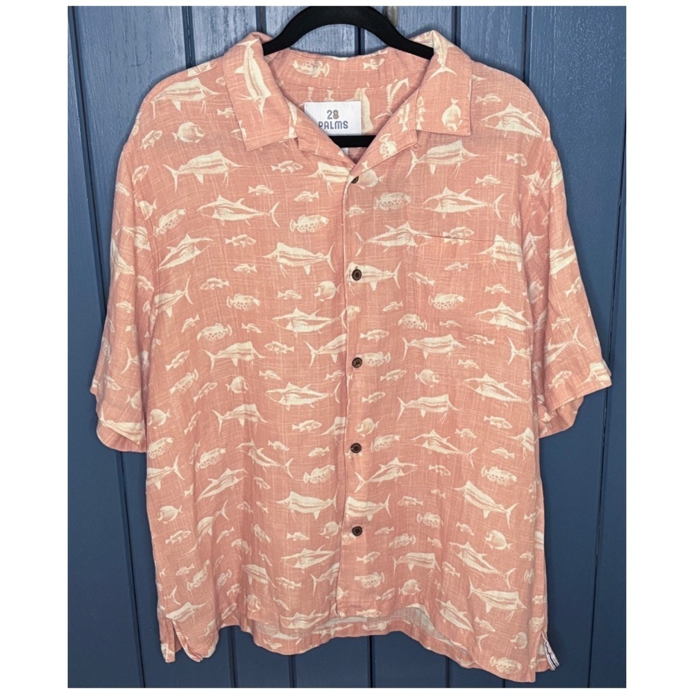 Mens Salmon Orange Fish Print Hawaiian Shirt Size XL Silk Linen Coastal Vacation